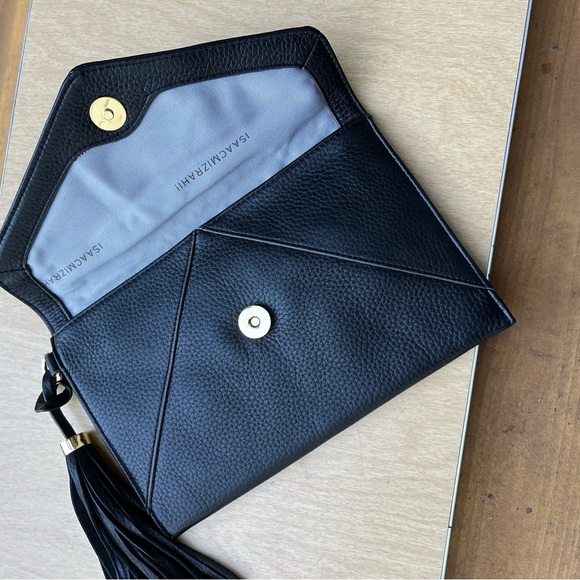 Isaac Mizrahi Black Pebbled Leather Envelope Clutch With Tassel NWOT - Picture 3 of 14